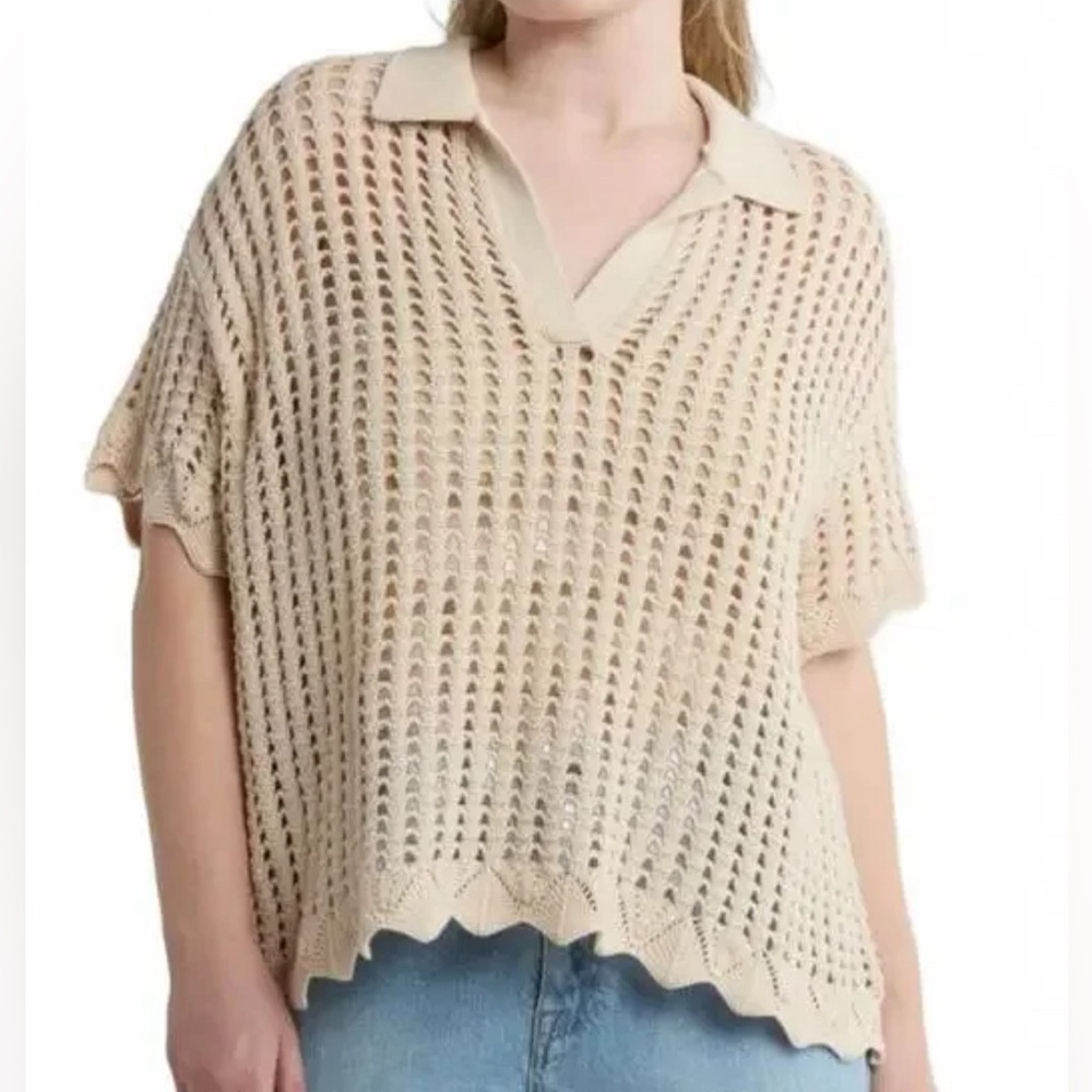 DR2 Cream Open-Knit Polo Sweater Small